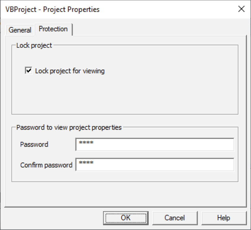 Snapshot of the Protection tab of the Project Properties dialog box