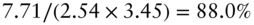 7.71 slash left-parenthesis 2.54 times 3.45 right-parenthesis equals 88.0 percent-sign