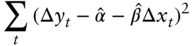 sigma-summation Underscript t Endscripts left-parenthesis normal upper Delta y Subscript t Baseline minus ModifyingAbove alpha With Ì‚ minus ModifyingAbove beta With Ì‚ normal upper Delta x Subscript t Baseline right-parenthesis squared