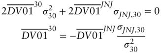 StartLayout 1st Row 1st Column 2 ModifyingAbove upper D upper V Baseline 01 With bar Superscript 30 Baseline sigma 30 squared 2nd Column plus 2 ModifyingAbove upper D upper V Baseline 01 With bar Superscript upper J upper N upper J Baseline sigma Subscript upper J upper N upper J comma 30 Baseline equals 0 2nd Row 1st Column ModifyingAbove upper D upper V Baseline 01 With bar Superscript 30 2nd Column equals minus ModifyingAbove upper D upper V Baseline 01 With bar Superscript upper J upper N upper J Baseline StartFraction sigma Subscript upper J upper N upper J comma 30 Baseline Over sigma 30 squared EndFraction EndLayout