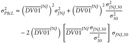 StartLayout 1st Row 1st Column sigma Subscript upper P ampersand upper L Superscript 2 2nd Column equals left-parenthesis ModifyingAbove upper D upper V Baseline 01 With bar Superscript upper J upper N upper J Baseline right-parenthesis squared sigma Subscript upper J upper N upper J Superscript 2 Baseline plus left-parenthesis ModifyingAbove upper D upper V Baseline 01 With bar Superscript upper J upper N upper J Baseline right-parenthesis squared StartFraction sigma Subscript upper J upper N upper J comma 30 Superscript 2 Baseline Over sigma 30 squared EndFraction 2nd Row 1st Column Blank 2nd Column minus 2 left-parenthesis ModifyingAbove upper D upper V Baseline 01 With bar Superscript upper J upper N upper J Baseline right-parenthesis left-bracket ModifyingAbove upper D upper V Baseline 01 With bar Superscript upper J upper N upper J Baseline StartFraction sigma Subscript upper J upper N upper J comma 30 Baseline Over sigma 30 squared EndFraction right-bracket sigma Subscript upper J upper N upper J comma 30 EndLayout