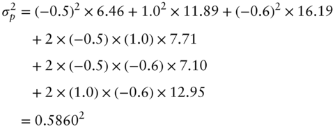 StartLayout 1st Row 1st Column sigma Subscript p Superscript 2 2nd Column equals left-parenthesis negative 0.5 right-parenthesis squared times 6.46 plus 1 period 0 squared times 11.89 plus left-parenthesis negative 0.6 right-parenthesis squared times 16.19 2nd Row 1st Column Blank 2nd Column plus 2 times left-parenthesis negative 0.5 right-parenthesis times left-parenthesis 1.0 right-parenthesis times 7.71 3rd Row 1st Column Blank 2nd Column plus 2 times left-parenthesis negative 0.5 right-parenthesis times left-parenthesis negative 0.6 right-parenthesis times 7.10 4th Row 1st Column Blank 2nd Column plus 2 times left-parenthesis 1.0 right-parenthesis times left-parenthesis negative 0.6 right-parenthesis times 12.95 5th Row 1st Column Blank 2nd Column equals 0.586 0 squared EndLayout