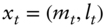 x Subscript t Baseline equals left-parenthesis m Subscript t Baseline comma l Subscript t Baseline right-parenthesis