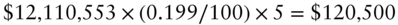 dollar-sign 12 comma 110 comma 553 times left-parenthesis 0.199 slash 100 right-parenthesis times 5 equals dollar-sign 120 comma 500