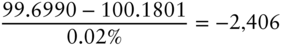StartFraction 99.6990 minus 100.1801 Over 0.02 percent-sign EndFraction equals negative 2 comma 406