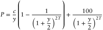 StartLayout 1st Row 1st Column upper P 2nd Column equals StartFraction c Over y EndFraction left-parenthesis 1 minus StartFraction 1 Over left-parenthesis 1 plus StartFraction y Over 2 EndFraction right-parenthesis Superscript 2 upper T Baseline EndFraction right-parenthesis plus StartFraction 100 Over left-parenthesis 1 plus StartFraction y Over 2 EndFraction right-parenthesis Superscript 2 upper T Baseline EndFraction EndLayout