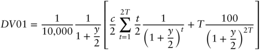 StartLayout 1st Row 1st Column upper D upper V Baseline 01 2nd Column equals StartFraction 1 Over 10 comma 000 EndFraction StartStartFraction 1 OverOver 1 plus StartFraction y Over 2 EndFraction EndEndFraction left-bracket StartFraction c Over 2 EndFraction sigma-summation Underscript t equals 1 Overscript 2 upper T Endscripts StartFraction t Over 2 EndFraction StartFraction 1 Over left-parenthesis 1 plus StartFraction y Over 2 EndFraction right-parenthesis Superscript t Baseline EndFraction plus upper T StartFraction 100 Over left-parenthesis 1 plus StartFraction y Over 2 EndFraction right-parenthesis Superscript 2 upper T Baseline EndFraction right-bracket EndLayout
