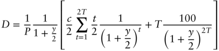 upper D equals StartFraction 1 Over upper P EndFraction StartStartFraction 1 OverOver 1 plus StartFraction y Over 2 EndFraction EndEndFraction left-bracket StartFraction c Over 2 EndFraction sigma-summation Underscript t equals 1 Overscript 2 upper T Endscripts StartFraction t Over 2 EndFraction StartFraction 1 Over left-parenthesis 1 plus StartFraction y Over 2 EndFraction right-parenthesis Superscript t Baseline EndFraction plus upper T StartFraction 100 Over left-parenthesis 1 plus StartFraction y Over 2 EndFraction right-parenthesis Superscript 2 upper T Baseline EndFraction right-bracket