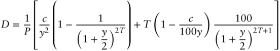 upper D equals StartFraction 1 Over upper P EndFraction left-bracket StartFraction c Over y squared EndFraction left-parenthesis 1 minus StartFraction 1 Over left-parenthesis 1 plus StartFraction y Over 2 EndFraction right-parenthesis Superscript 2 upper T Baseline EndFraction right-parenthesis plus upper T left-parenthesis 1 minus StartFraction c Over 100 y EndFraction right-parenthesis StartFraction 100 Over left-parenthesis 1 plus StartFraction y Over 2 EndFraction right-parenthesis Superscript 2 upper T plus 1 Baseline EndFraction right-bracket