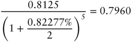 StartFraction 0.8125 Over left-parenthesis 1 plus StartFraction 0.82277 percent-sign Over 2 EndFraction right-parenthesis Superscript 5 Baseline EndFraction equals 0.7960