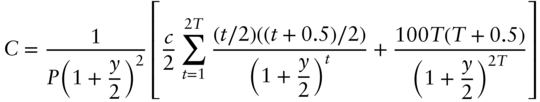 upper C equals StartFraction 1 Over upper P left-parenthesis 1 plus StartFraction y Over 2 EndFraction right-parenthesis squared EndFraction left-bracket StartFraction c Over 2 EndFraction sigma-summation Underscript t equals 1 Overscript 2 upper T Endscripts StartFraction left-parenthesis t slash 2 right-parenthesis left-parenthesis left-parenthesis t plus 0.5 right-parenthesis slash 2 right-parenthesis Over left-parenthesis 1 plus StartFraction y Over 2 EndFraction right-parenthesis Superscript t Baseline EndFraction plus StartFraction 100 upper T left-parenthesis upper T plus 0.5 right-parenthesis Over left-parenthesis 1 plus StartFraction y Over 2 EndFraction right-parenthesis Superscript 2 upper T Baseline EndFraction right-bracket