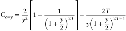 upper C Subscript c equals y Baseline equals StartFraction 2 Over y squared EndFraction left-bracket 1 minus StartFraction 1 Over left-parenthesis 1 plus StartFraction y Over 2 EndFraction right-parenthesis Superscript 2 upper T Baseline EndFraction right-bracket minus StartFraction 2 upper T Over y left-parenthesis 1 plus StartFraction y Over 2 EndFraction right-parenthesis Superscript 2 upper T plus 1 Baseline EndFraction