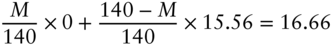 StartFraction upper M Over 140 EndFraction times 0 plus StartFraction 140 minus upper M Over 140 EndFraction times 15.56 equals 16.66