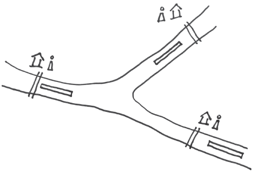 Schematic illustration of people next to each of the huts.