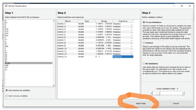 Snapshot of the classification learner app in Matlab.