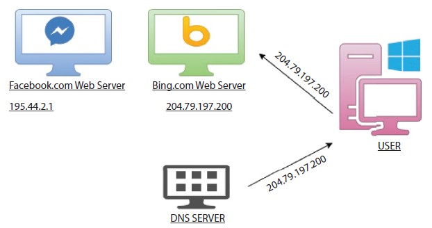 Schematic illustration of DNS server responding with a redirection request to the user for the requested domain and user redirected to the server of that domain.