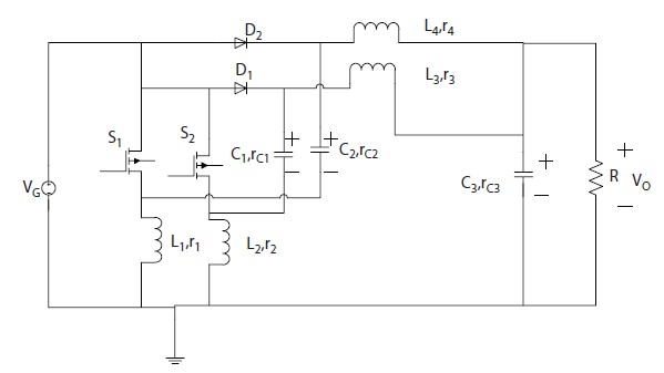 Schematic illustration of general configuration of fourth order interleaved boost converter.