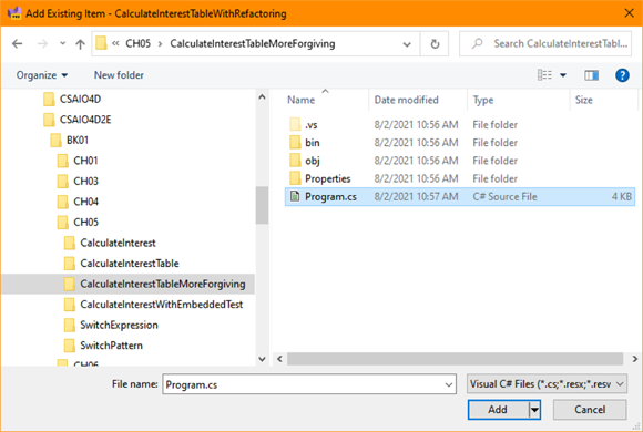 Snapshot of obtaining a copy of Program.cs from the CalculateInterestTableMoreForgiving example.