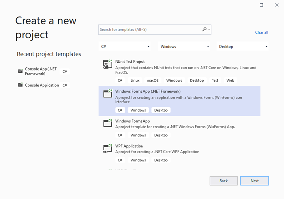 Snapshot of Choose the Windows Forms App (.NET Framework) template.