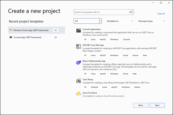 Snapshot of the Visual Studio Community edition provides lots of project types.