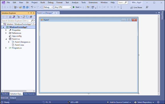 Snapshot of the Windows Forms Designer.