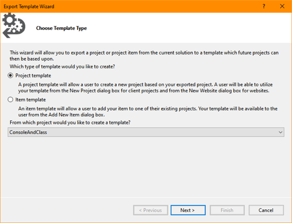 Snapshot of determining whether you want to create a project or item template.