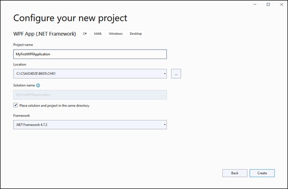Snapshot of configuring the WPF project.