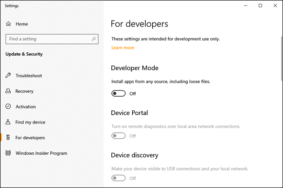 Snapshot of creating a UWP app without setting Developer Mode on.