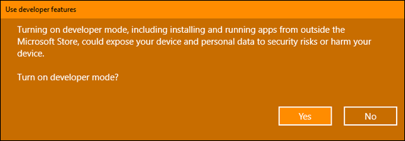Snapshot of Microsoft warns you about the possible problems in enabling Developer Mode.