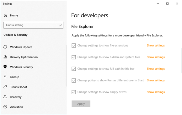 Snapshot of the Settings app provides an overview of developer-related settings for File Explorer.