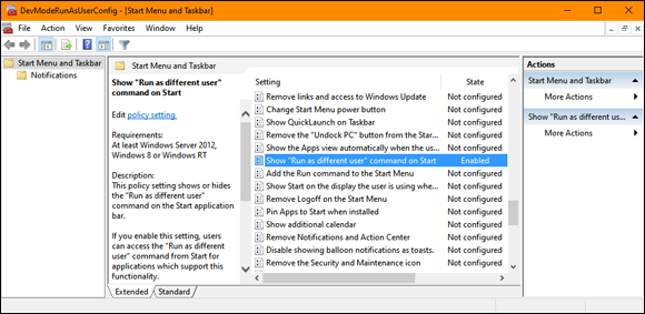 Snapshot of the actual settings for Developer Mode appear in a number of places, such as MMC.