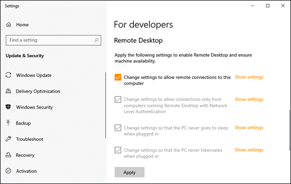 Snapshot of using the Remote Desktop settings with care.