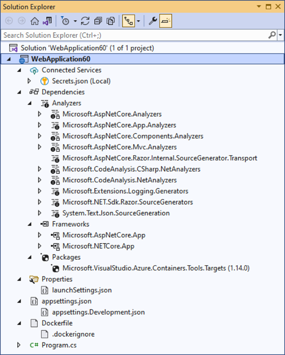 Snapshot of the version of .NET and app features both contribute to the file structure of the project.