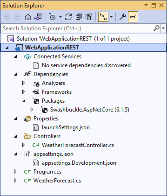 Snapshot of the ASP.NET Core Web API focuses on the API, not the client.