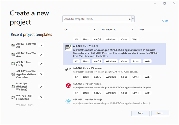 Snapshot of locating the ASP.NET Core Web API template.