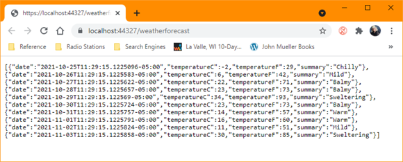 Snapshot of the browser output shows serialized weather forecast data.