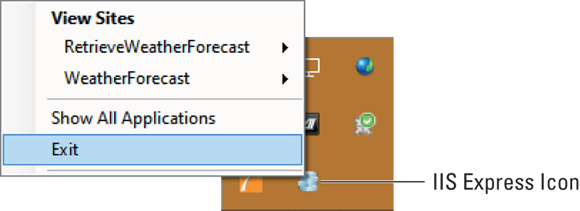 Snapshot of looking for the IIS Express icon in the Notification Area to see which applications are running.