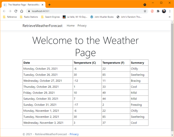 Snapshot of displaying the generated weather forecast from the WeatherForecast API.