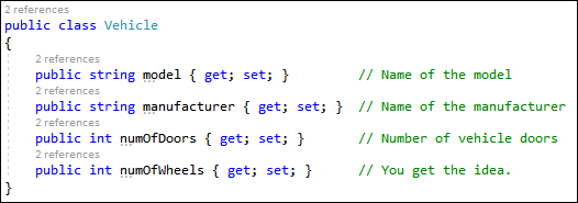 Snapshot of a class declaration for the VehicleData example.