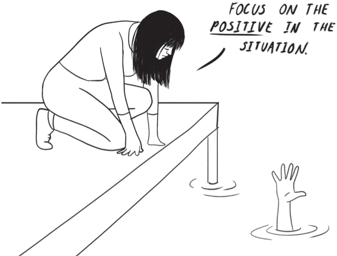 Schematic illustration of a woman looking at a drowning person.