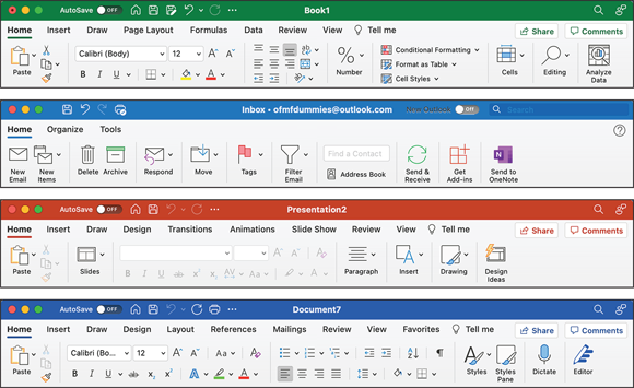 Snapshot shows the ribbon’s Home tab as seen in Excel, Outlook, PowerPoint, and Word, respectively.