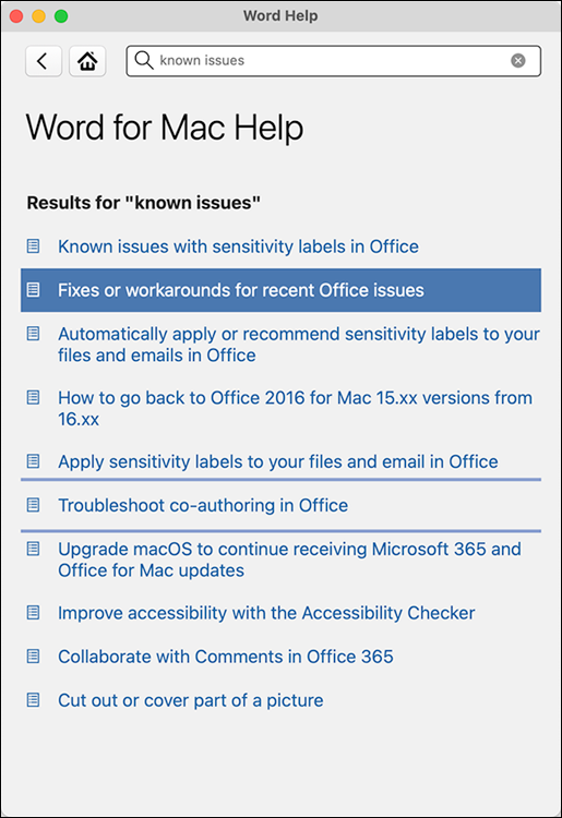 Snapshot shows Find out about known issues via Help in all four main Office apps.