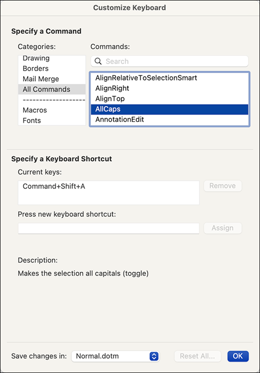 Snapshot shows Create your own or modify existing keyboard shortcuts.