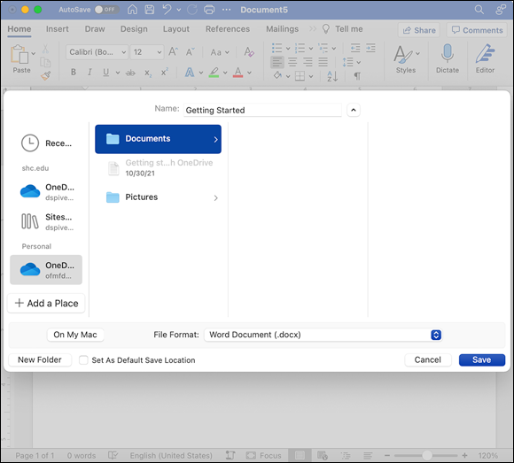 Snapshot shows Saving a Word document to OneDrive.