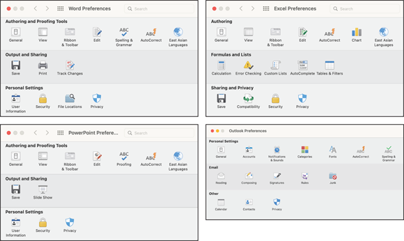 Snapshot of the Word, Excel, Outlook, and PowerPoint Preferences dialogs.