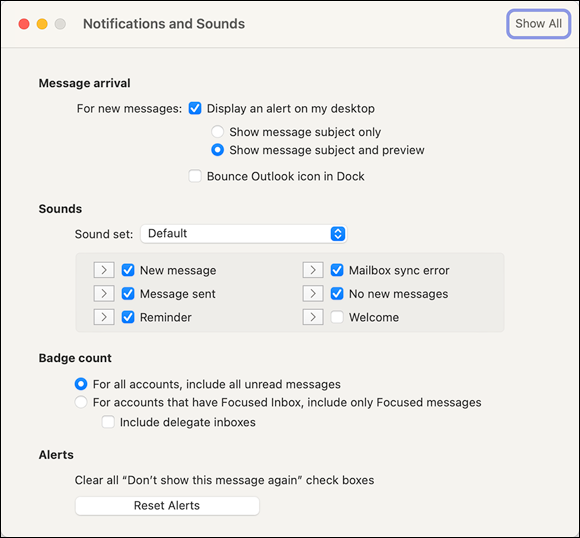 Snapshot of the Outlook Notifications and Sounds pane has most of the features you'll find in a preference pane.