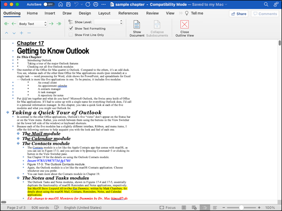 Snapshot shows Outline view displays your document as an outline.