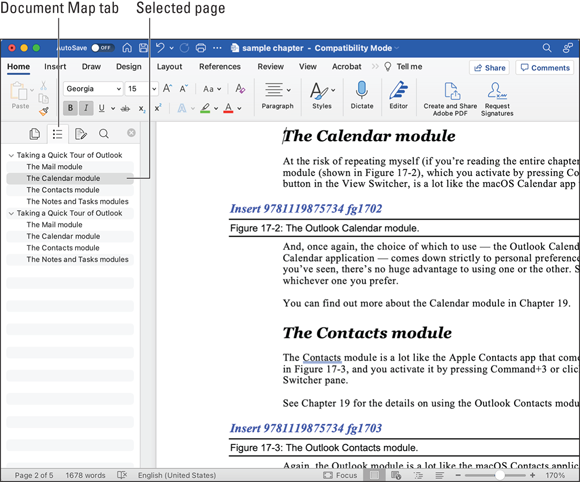 Snapshot shows View and navigate your document by using headings in the Document Map.