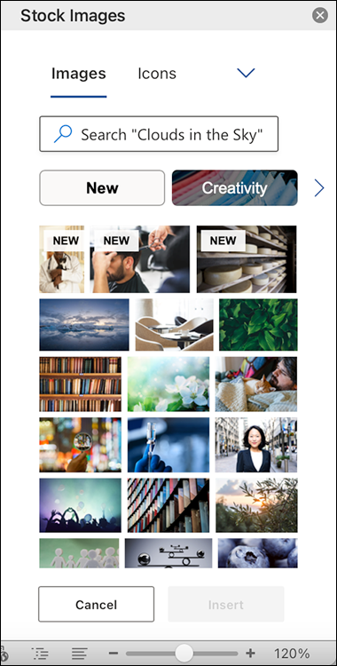 Snapshot shows the Stock Images gallery contains hundreds of images.