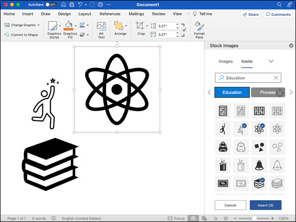 Snapshot shows a document with icons from the Education subcategory.